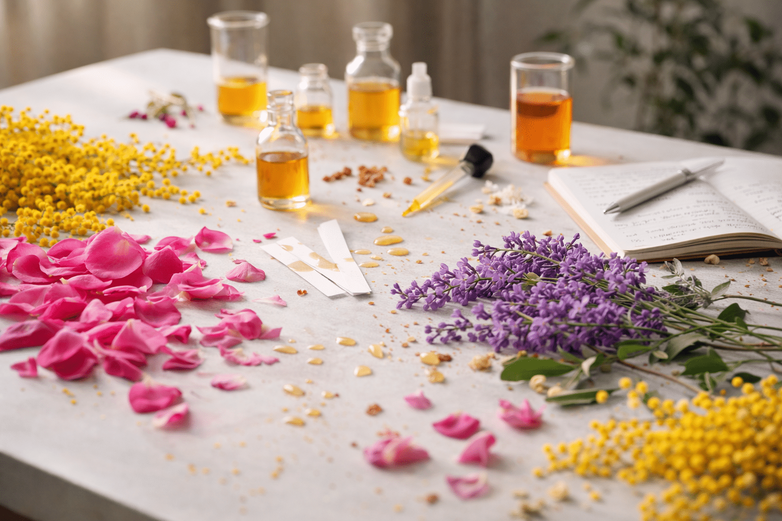 Table d'atelier avec pétales et flacons d'huiles essentielles